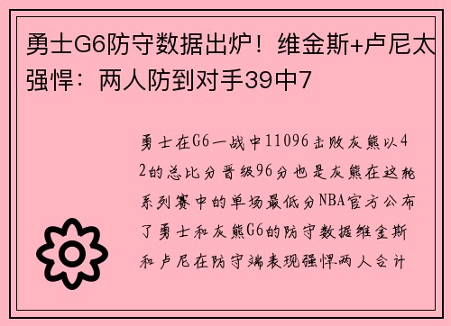 勇士G6防守数据出炉！维金斯+卢尼太强悍：两人防到对手39中7
